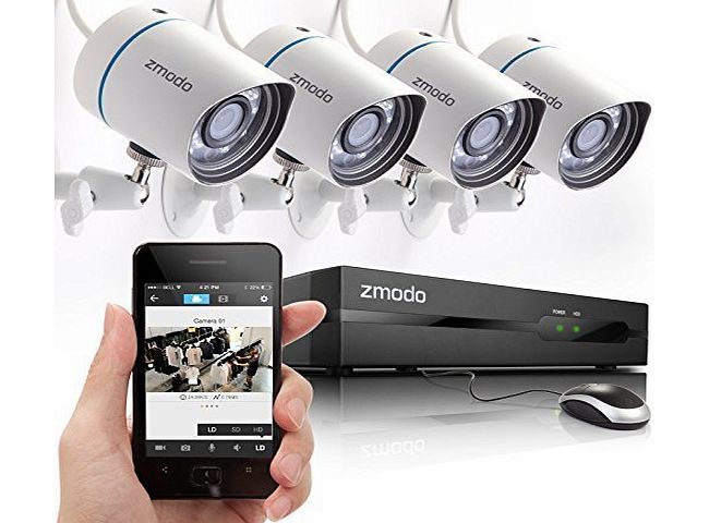 [PoE Technology] Zmodo 4CH 720P PoE NVR HD Security Camera System with 4 Indoor/ Outdoor Night Vision 720P Security Cameras and 1TB HDD (Smartphone Scan QR Code Quick Remote Access)